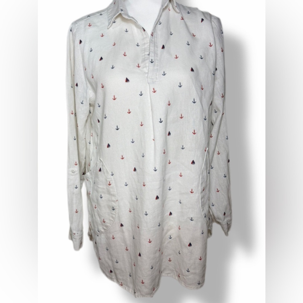 Sigrid Olsen Nautical Coastal Style Sailboat Anchor Popover Tunic Size Medium